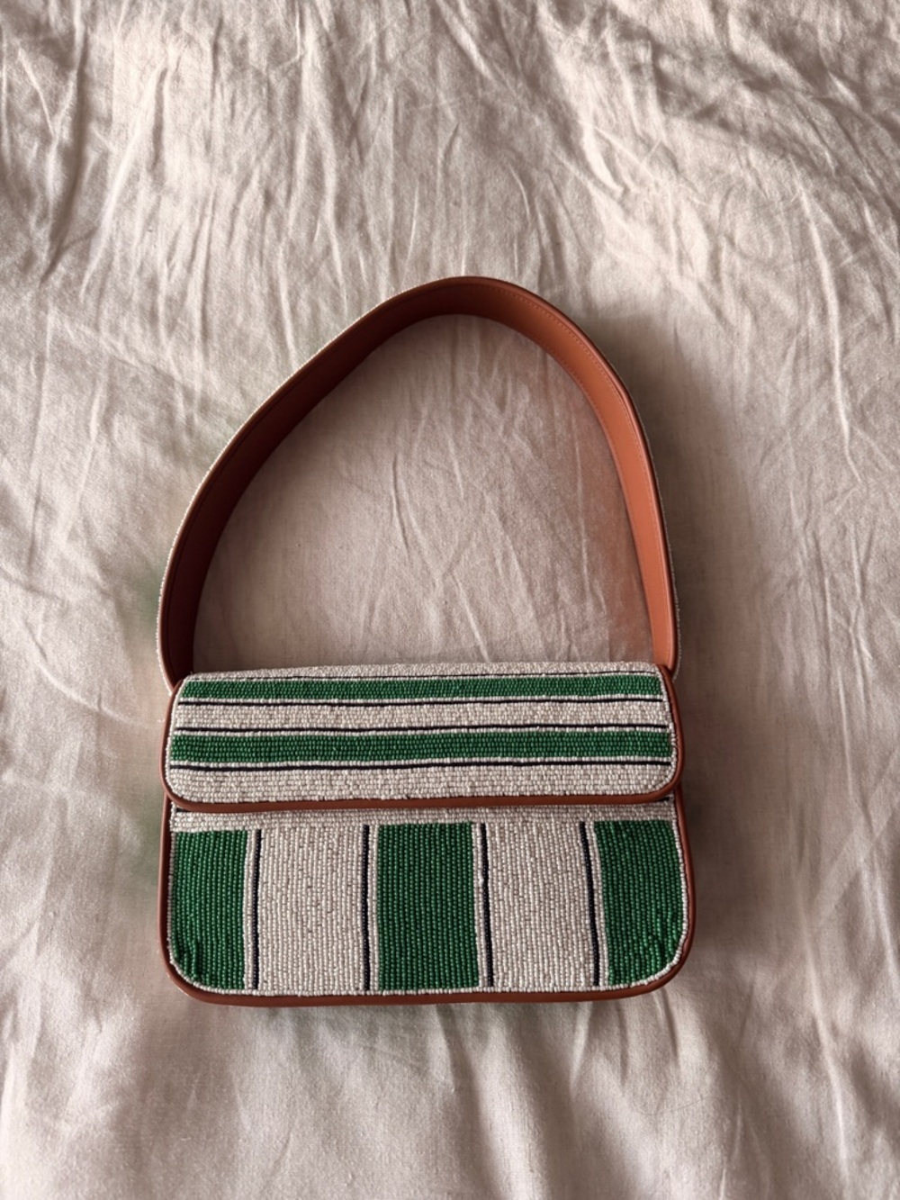 Staud Tommy Beaded Green and White Stripe Shoulder Bag